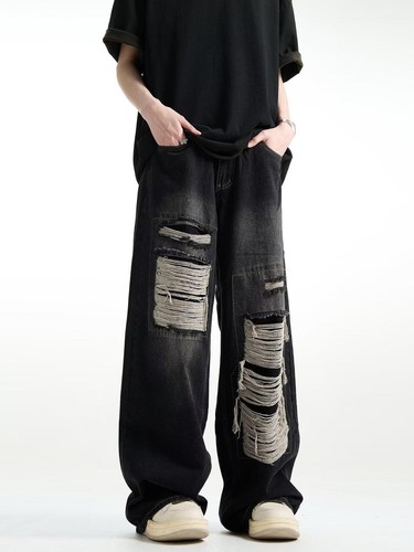 New men's casual loose solid color low waist straight leg wide leg ripped jeans - Picture 4 of 9