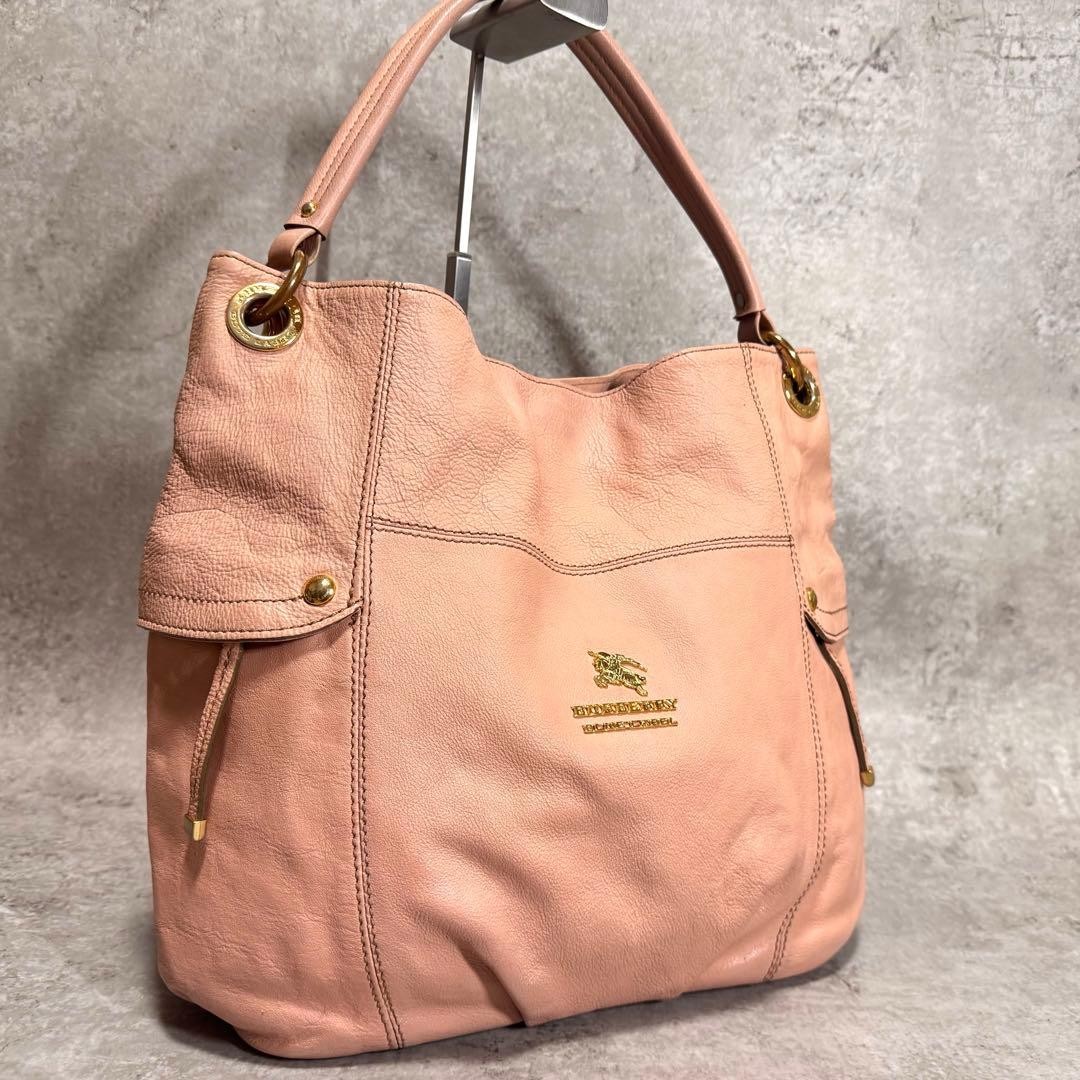 Burberry Blue Label One Shoulder Tote Bag Pink Full Leather Nova Check New