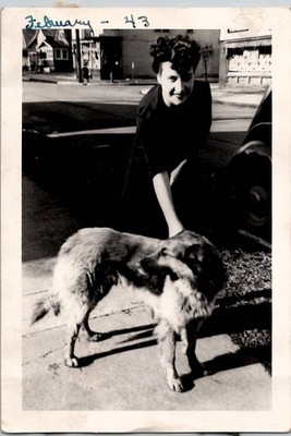Pretty Woman Nice Smile and Cute Furry Fluffy Dog Puppy 1943 Vintage Photo