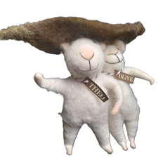 2 Wool Felt Mice Stuffed Figures Theo & Olive w Leaf Umbrella PRIMATIVES 4.5" T