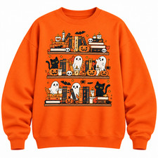 Halloween Ghost Cat Sweatshirt, Spooky Bookshelf Book Lover Crewneck