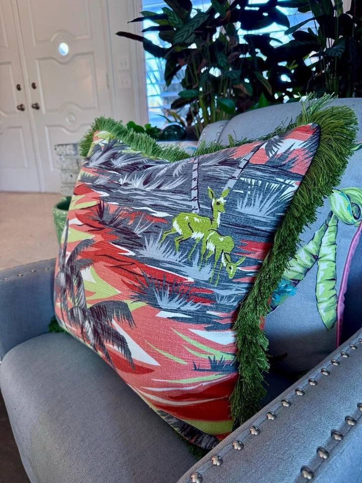 Waikiki Sunset Palms with Deer Hollywood Regency Barkcloth Vintage Pillow Cover - Image 2 of 4