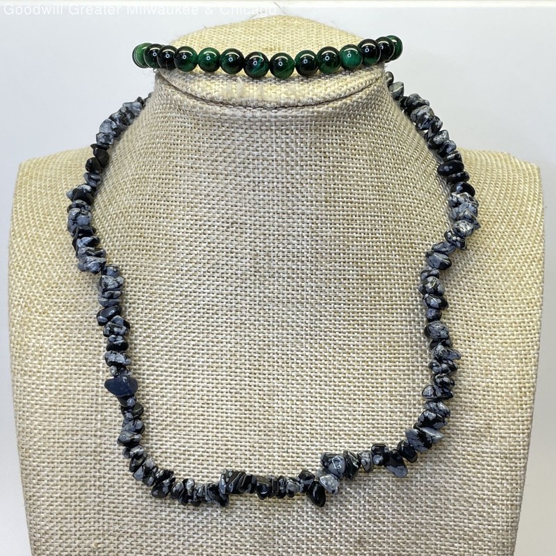 Artisan Silver Tone Snowflake Obsidian Necklace & Malachite Bracelet 39.0g