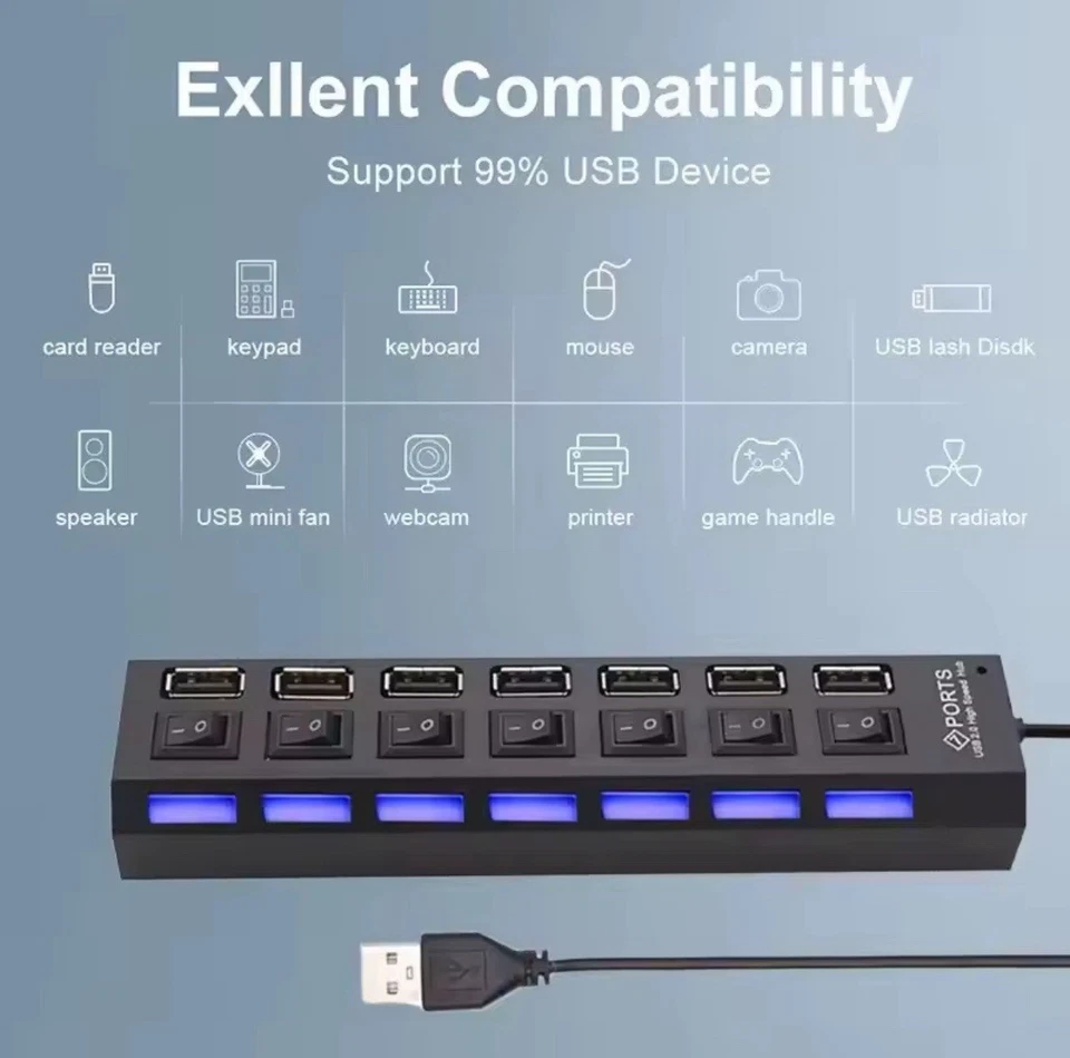 Hub USB 3.0 Di Estensione, a 7 Porte, Con Interruttori Di Alimentazione E Spie S - Immagine 4 di 4