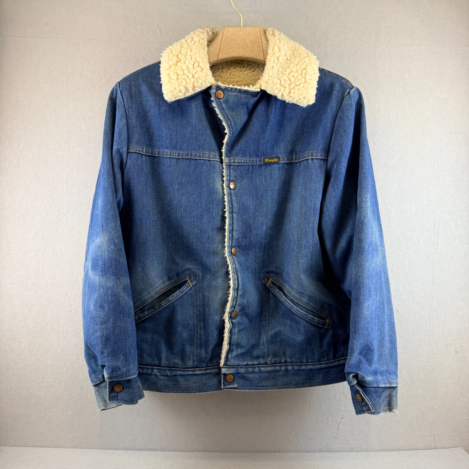 VTG 70s Wrangler Wrange Coat L Denim Sherpa Trucker Jacket Made in USA Cowboy
