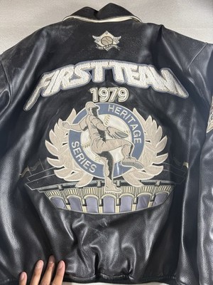 Vintage Raw Blue Leather Bomber Jacket Baseball First Team (Flaws