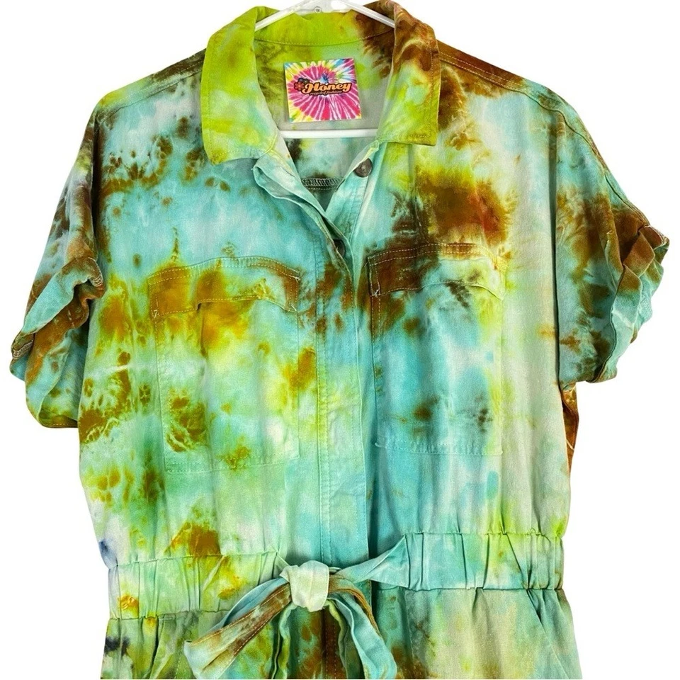 Mono Tie Dye Hecho a Mano para Mujer Talla 8 Lino Jersey Pantalones Pierna Recta Mameluco Foto 3 de 4