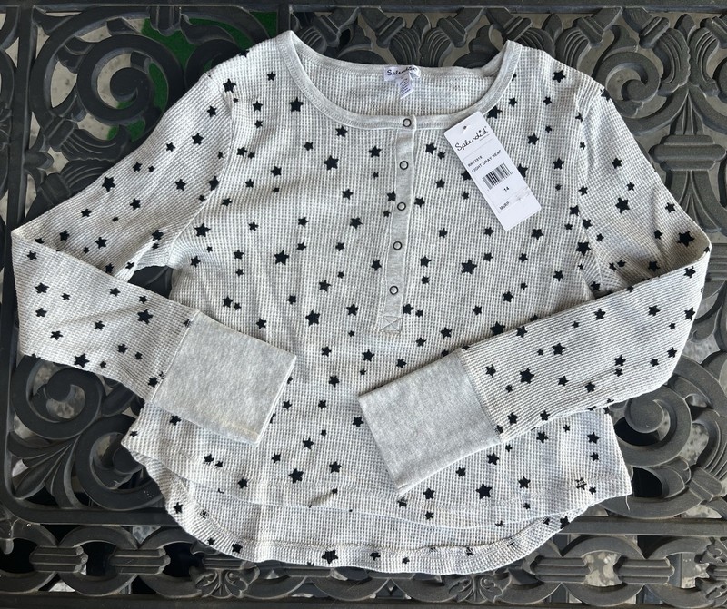 Girls Splendid Waffle Weave Gray Black Star Hi Lo Crop LS T-shirt Shirt Top 14