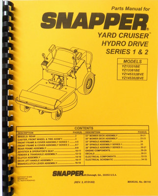 Parts Manual Snapper for Yard Cruiser Riding Mower Hydro Drive  Series 1 & 2