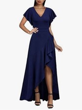 MIUSOL Women’s Long Evening Dress, V-Neck, Ruffled Split, Size S, Dark Blue