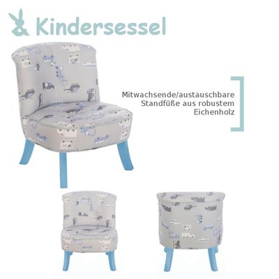 DESIGN KINDER SESSEL Mini Sofa Retro-Look - Holzfüße Fahrzeug-Muster NEU