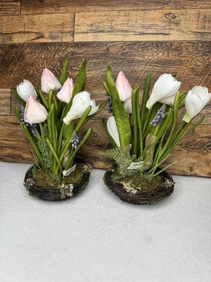 Set Of 2 Pottery Barn Small Faux Floral Birdnest Arrangement 8  X 6  Tulips