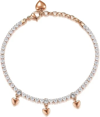 Bracelet tennis Broswayen acier motif cœur or rose oxydes zirconium blancs. - Photo 1/2
