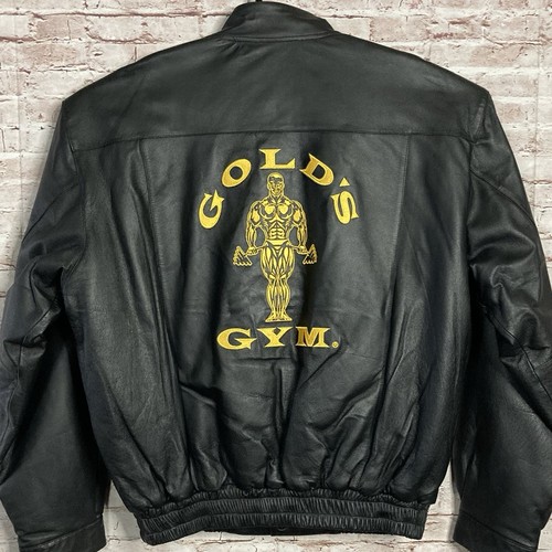 GOLDS GYM Mens Black Leather Jacket Yellow Embroidery Large Snap Coat NEW - Picture 16 of 18
