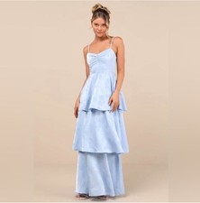 Lulus Prigette Light Blue Jacquard Tiered Maxi Dress NWT size Medium Satin