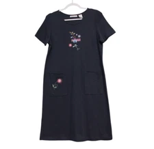 NWT Vintage Midi Dress Medium Navy Embroidered Bird Cottagecore Grandma Casual