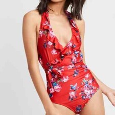 NEW ModCloth Reese One-Piece Red Floral Swimsuit Halter Surplice Neck sz S Small