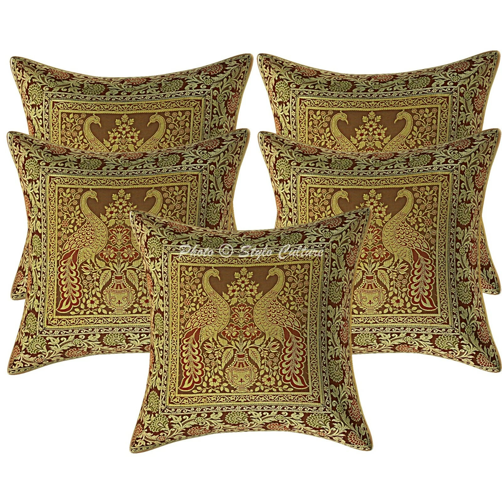 Scatter Cushion Covers Brown 40 x 40 cm Jacquard Brocade Peacock Throw Pillows
