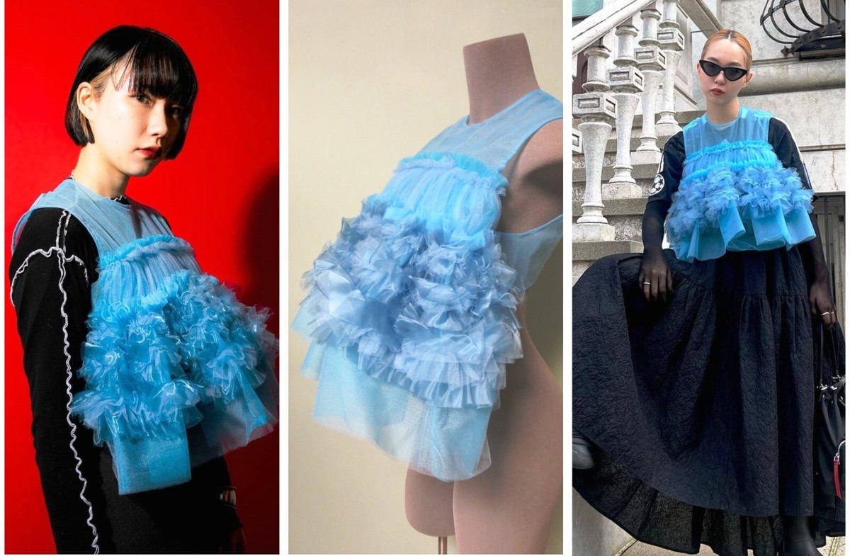 Noir Kei Ninomiya Blue Ruffled Buckled Open Back Tulle Top M