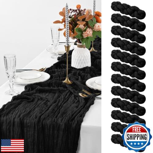 Pesonlook 12 Pack Black Cheesecloth Table Runner,10FT Boho Table Runner 35x12