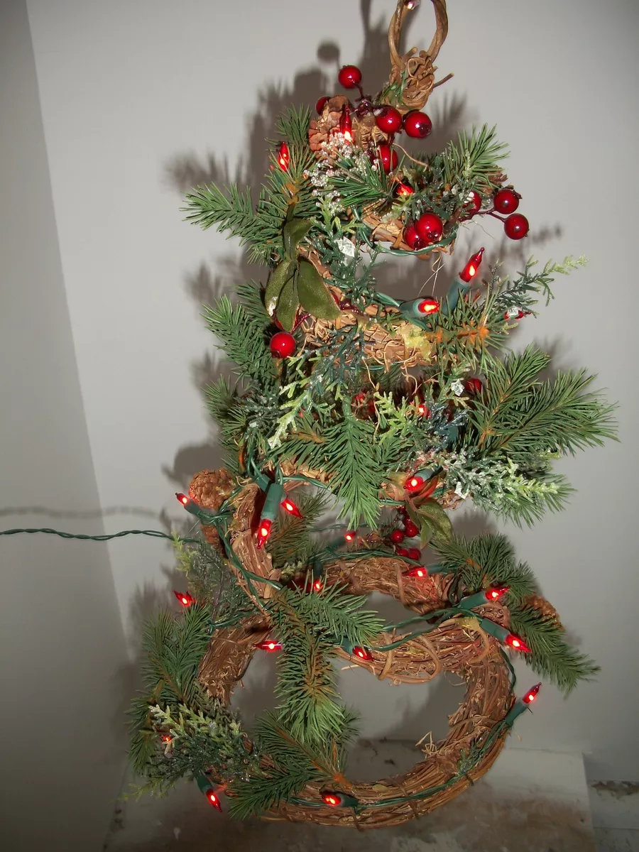Hanging Christmas Tree Spiral with Holly Berries Pine Cones Lighted 20