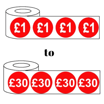 1000x 25mm £1-£30 Red Price Self Adhesive Stickers Sticky Labels For Retail Disp