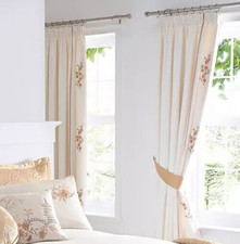 Embroidered Orient Gold Lined Pencil Pleat Curtains + Tiebacks W66"xD72" RRP £90