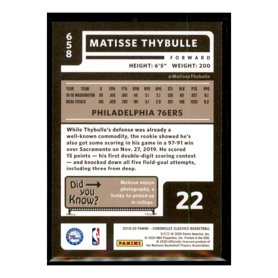 2019 Panini Absolute Memorabilia #74 Matisse Thybulle Rookie Philadelphia 76ers - Image 2 of 2