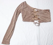 Better Be Women's One Sleeve Lace Up Lined Crop Top AR8 Light Brown Medium