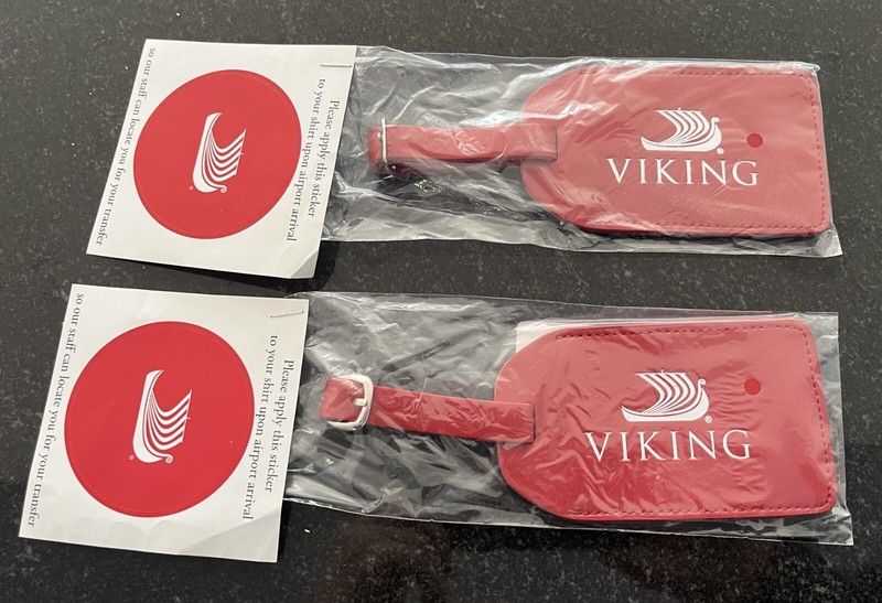 TWO Viking Cruise Luggage Tags Red Leather Authentic NEW w/TWO Viking Stickers!