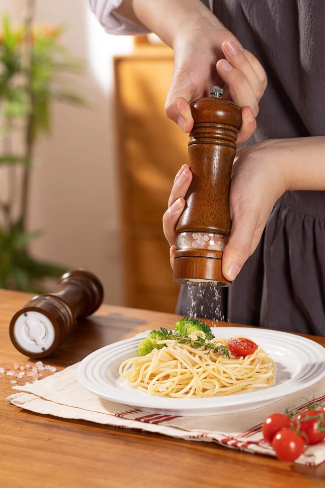 Paquete de 2 molinillos/molinillos de sal para cocinar pimienta madera visible tosquedad ajustable Foto 2 de 4
