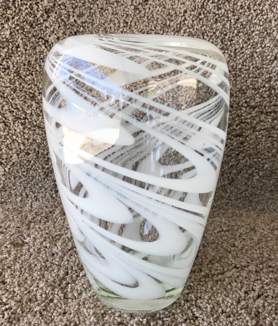 Contemporary, Crystal Clear, Pulled White Swirl Art Glass Vase 7.75" H
