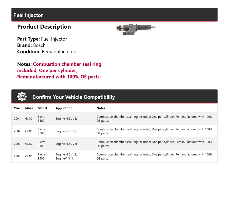 Injetor de combustível Bosch 2002 2003 para 2001-2004 GMC Sierra 3500 6.6L V8 - Imagem 2 de 4