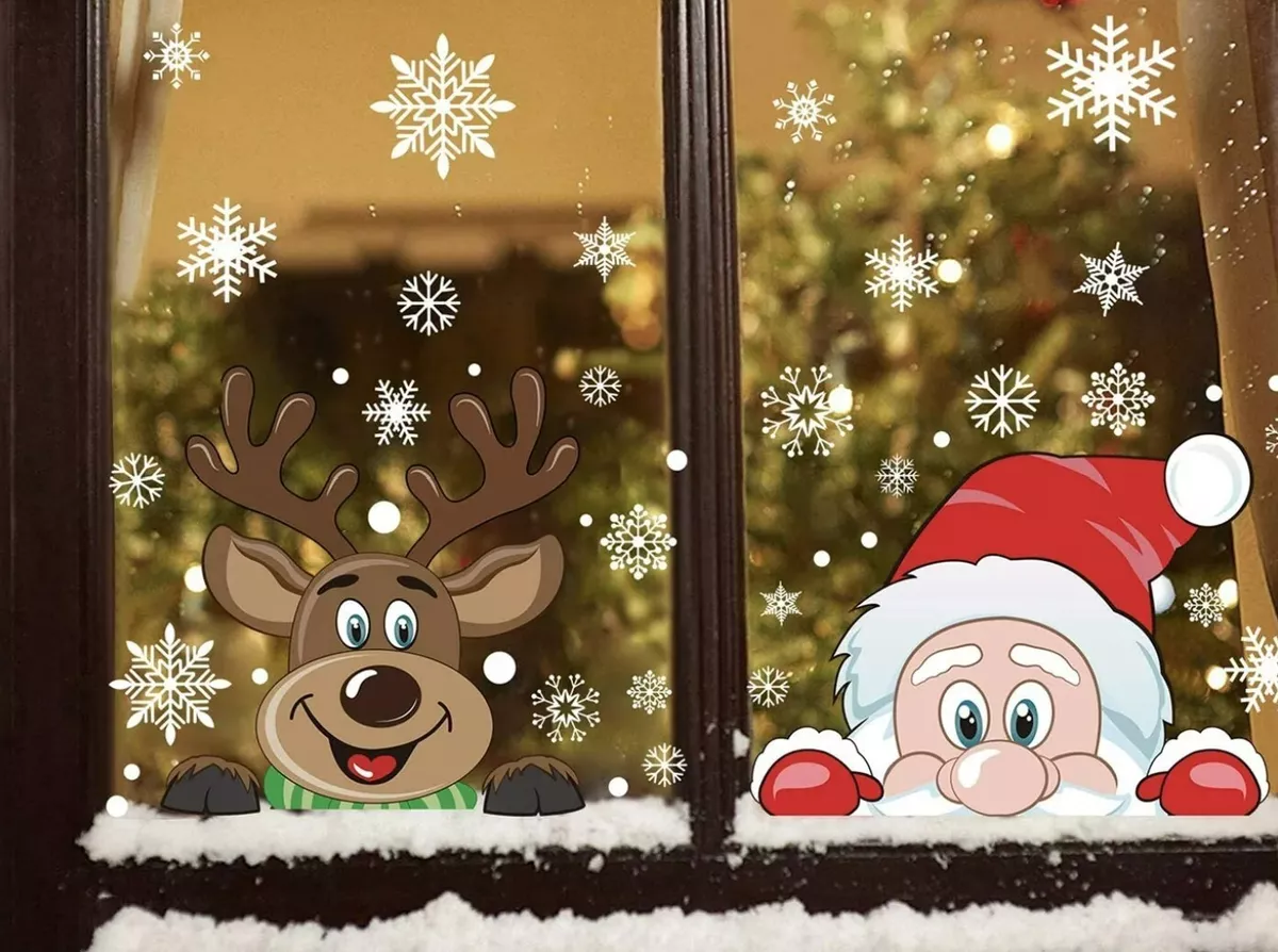 Large Kids Christmas Window Stickers Double faced Xmas Santa Reindeer Snowflake