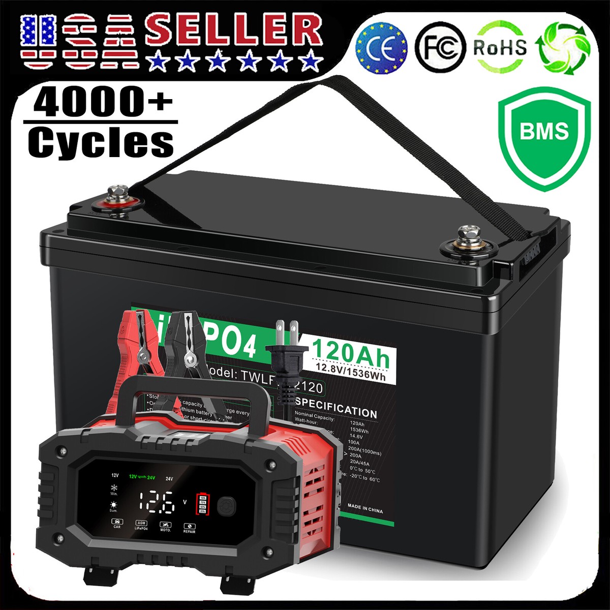 12V 120Ah LiFePO4 Lithium Battery BMS Deep Cycle 20A 24V Smart 