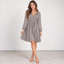 MSK Pleated Front Animal Print Dress Women 18 Brown Long Sleeve Belted V-Neck