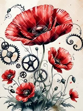 Steampunk Poppy Art PosterBotanical Industrial Wall Decor  –  Digital Download