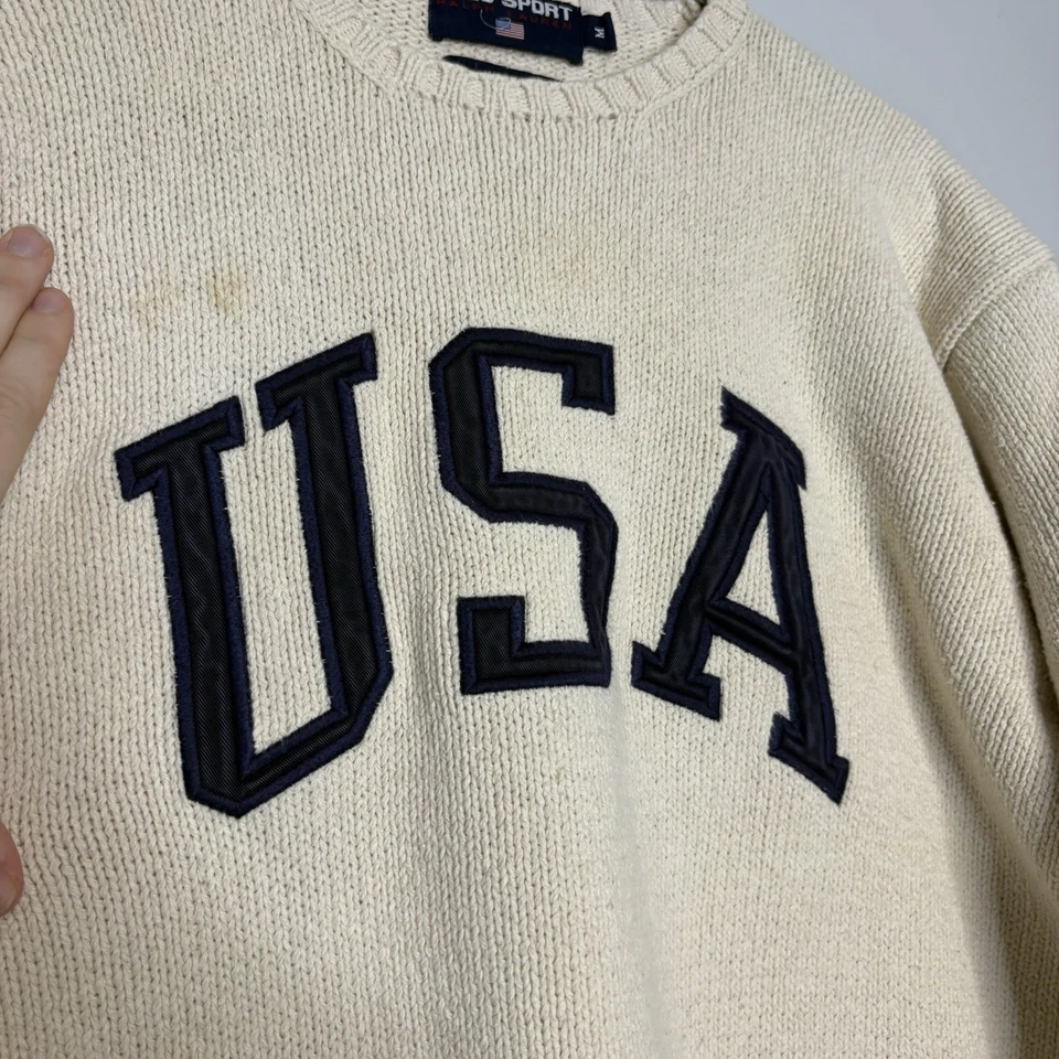 Suéter Tejido Vintage Años 90 Ralph Lauren Polo Deportivo Bandera Americana EE. UU. Talla M Crema Foto 4 de 4
