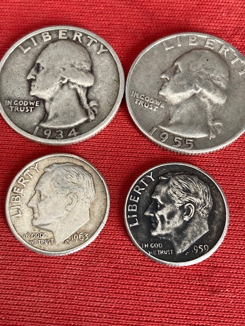 Lot of 4 US 90% Silver Coins – 2 Quarters1934 1955D & 2 Dimes1959D/1963D-UNC-Cir