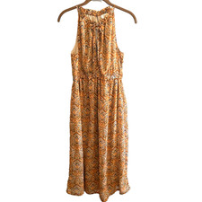 Size Medium Midi Dress Halter Style Gold Blue Chiffon Lined by Japna