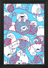 Blue Funny Cute Knitting Kitten Bal Framed Wall Art Poster Canvas Print Picture