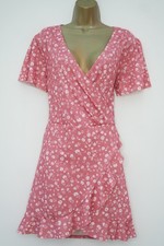 IN THE STYLE PINK FLORAL WRAP TEA DRESS SIZE 14 RUFFLE TRIM