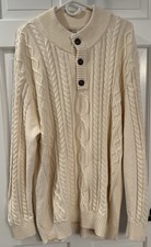 LL Bean XXL Tall Cable Knit Sweater Cream Organic Cotton Fisherman Henley Mens