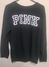 Victoria  s Secret PINK Crewneck Sweatshirt Black Logo Pullover Women  s Sz MEDIUM