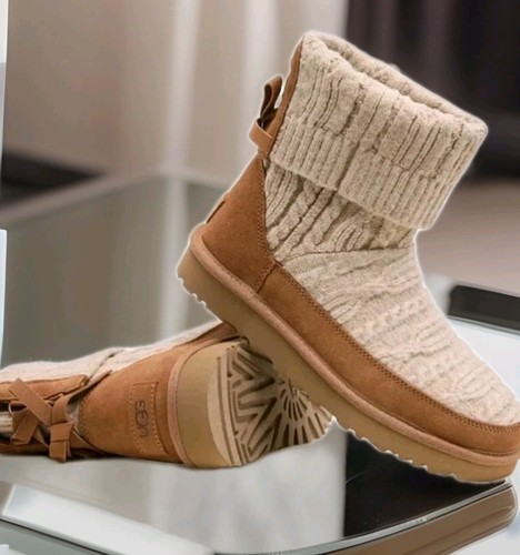 Women's UGG Classic Mini Cabelle Chestnut Suede/Knit Boot Sz 8.0 UntouchedNewBox