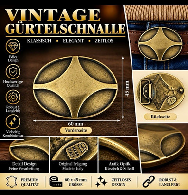Vintage Gürtelschnalle goldfarben Metall oval geprägt 60x45 mm Made in Italy