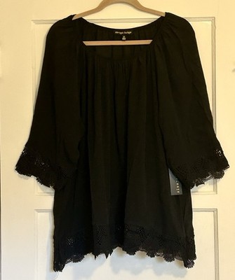 XL/1X/2X/3X New Black Gauze Peasant Top Boho Lace Blouse Tunic