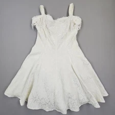Vtg 80s White Jacquard Crochet Sweetheart Off Shoulder Petticoat Dress Sz M