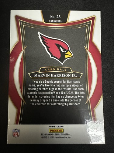 2024 Panini Select Marvin Harrison Jr #28 Negro Amarillo Prizm Shock RC Cardinals - Imagen 2 de 2