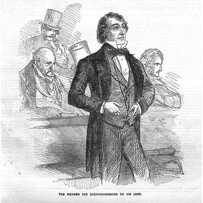 HOUSE OF COMMONS Das Mitglied für Buckinghamshire auf seinen Füßen - antiker Druck 1856